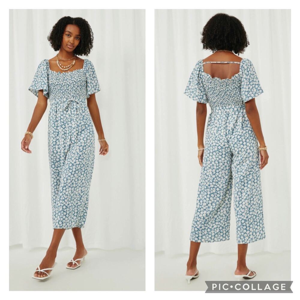 Baltic Born Kendall Jumpsuit Blue Floral Smocked Bodice Size Medium